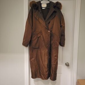 Laparka Vintage Women Brown Wool Coat Set with Fur Collar Size US S